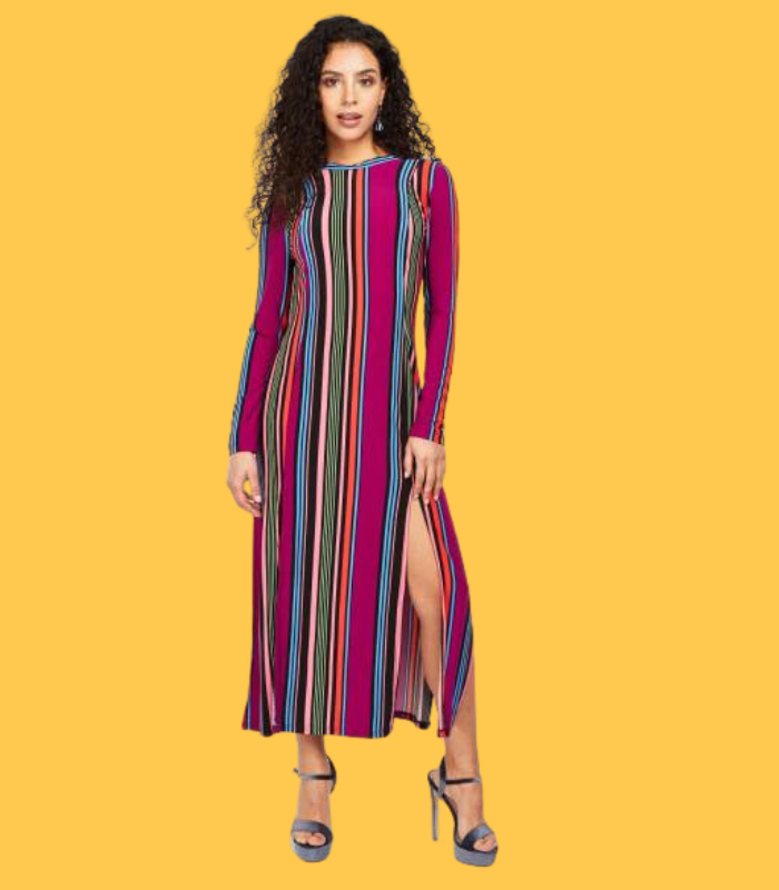 Vestido roxo riscas e rachas_1_1 Vestido às riscas com rachas e decote atrás - TOPSHOP -38 - Image 1